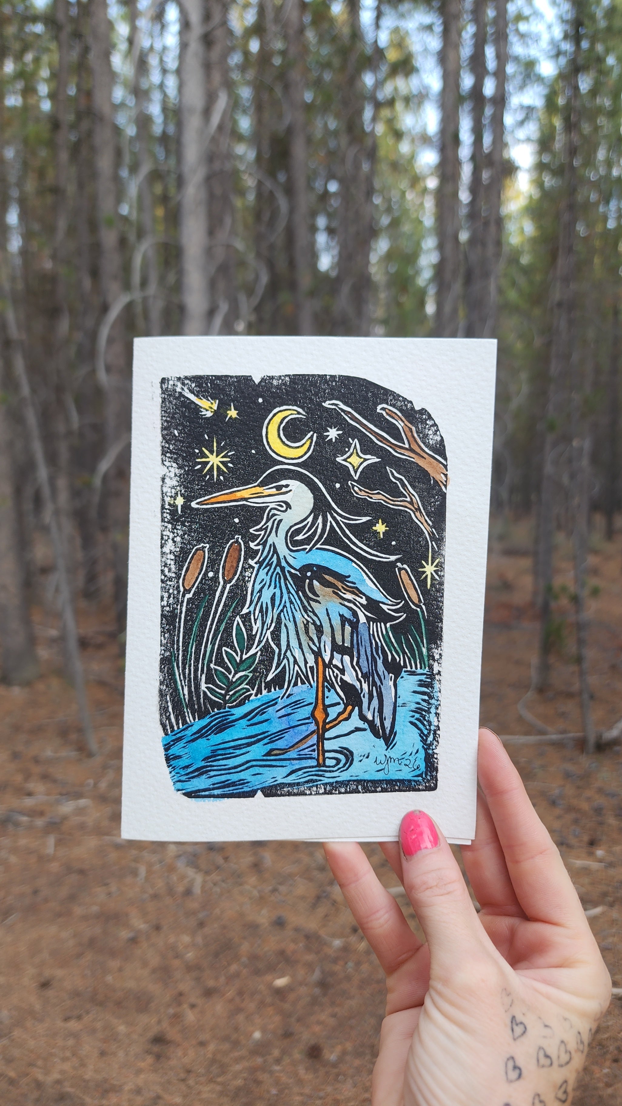 Lino Print Frameable Artist Notecard (5X7) With Envelope (Crescent Heron Design)