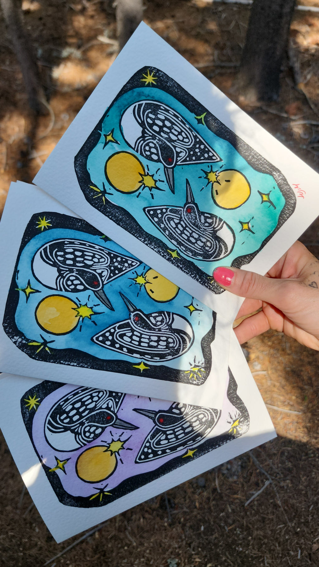 Lino Print & Watercolor Frameable Artist Notecard with Envelope - (5X7) - (Floaty Loons Design)