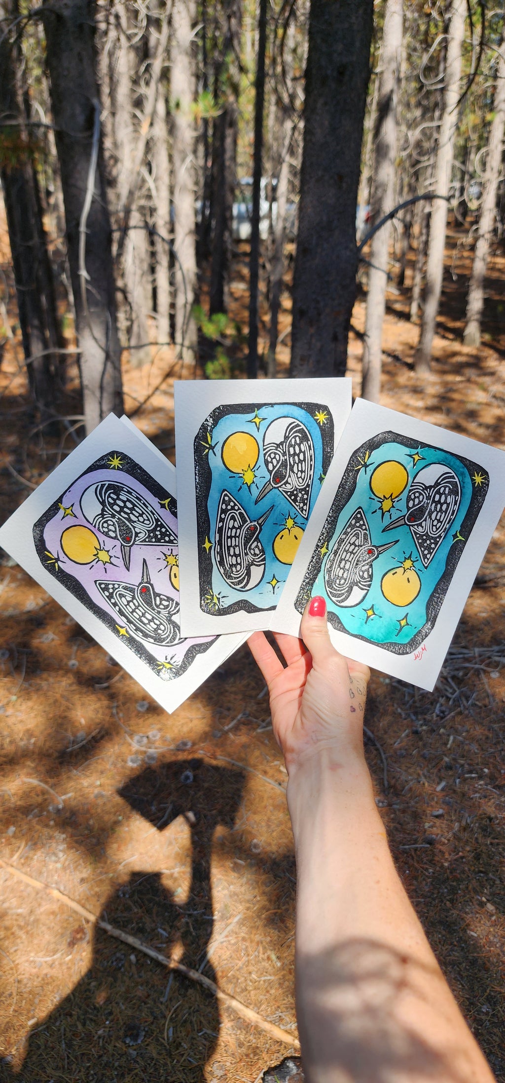 Lino Print & Watercolor Frameable Artist Notecard with Envelope - (5X7) - (Floaty Loons Design)