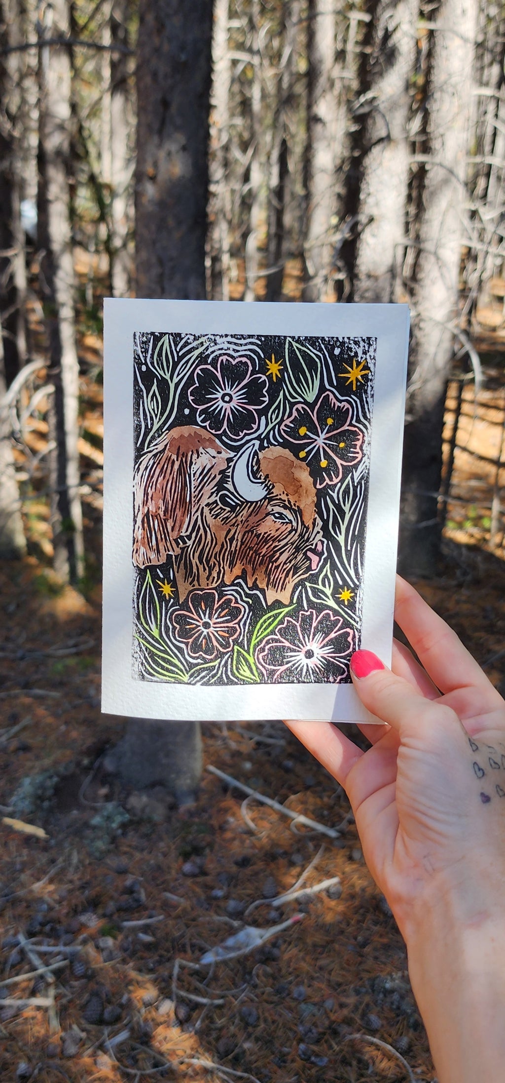 Lino Print & Watercolor Frameable Artist Notecard- BLANK INSIDE (Floral Bison Design)