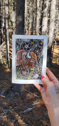 Lino Print & Watercolor Frameable Artist Notecard- BLANK INSIDE (Floral Bison Design)