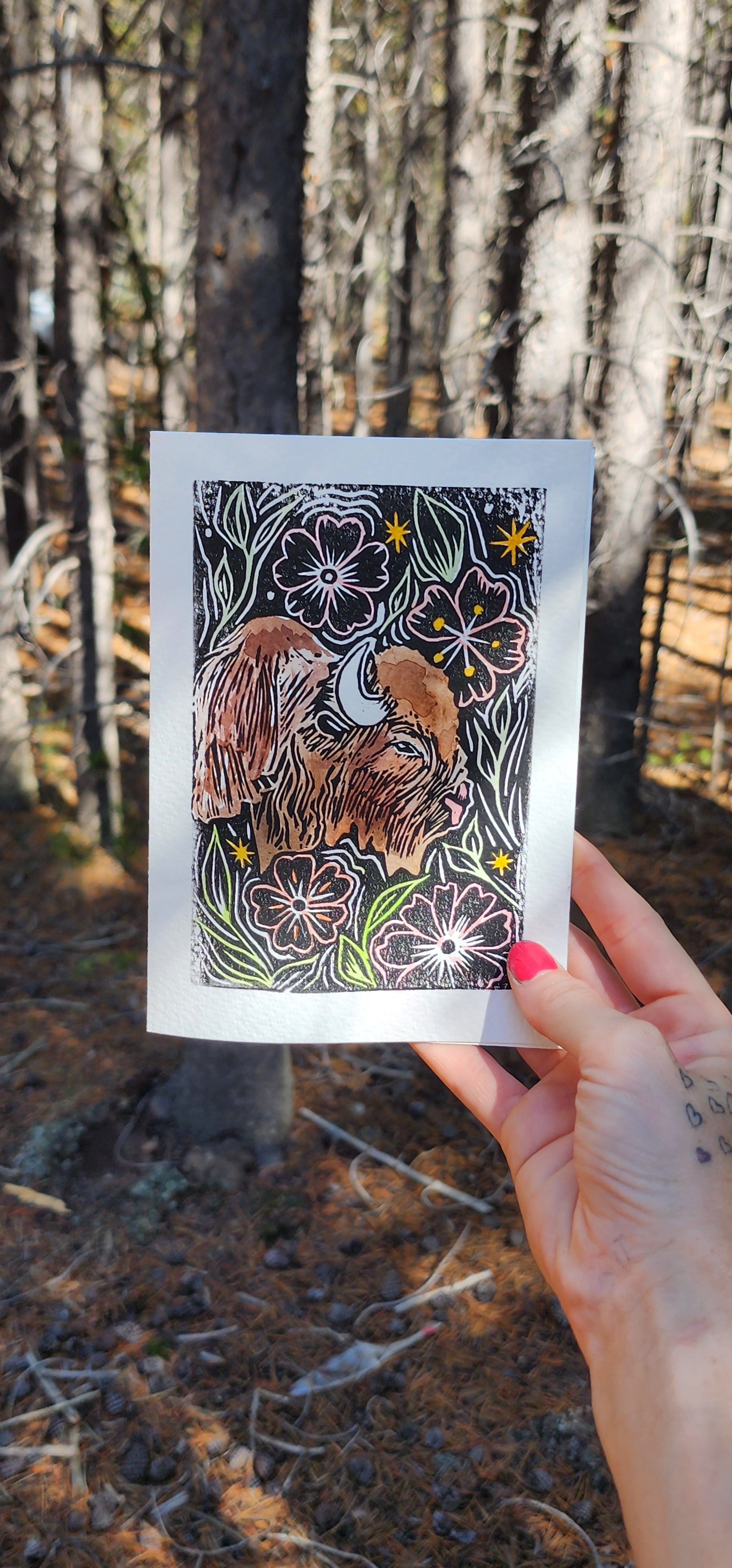 Lino Print & Watercolor Frameable Artist Notecard- BLANK INSIDE (Floral Bison Design)