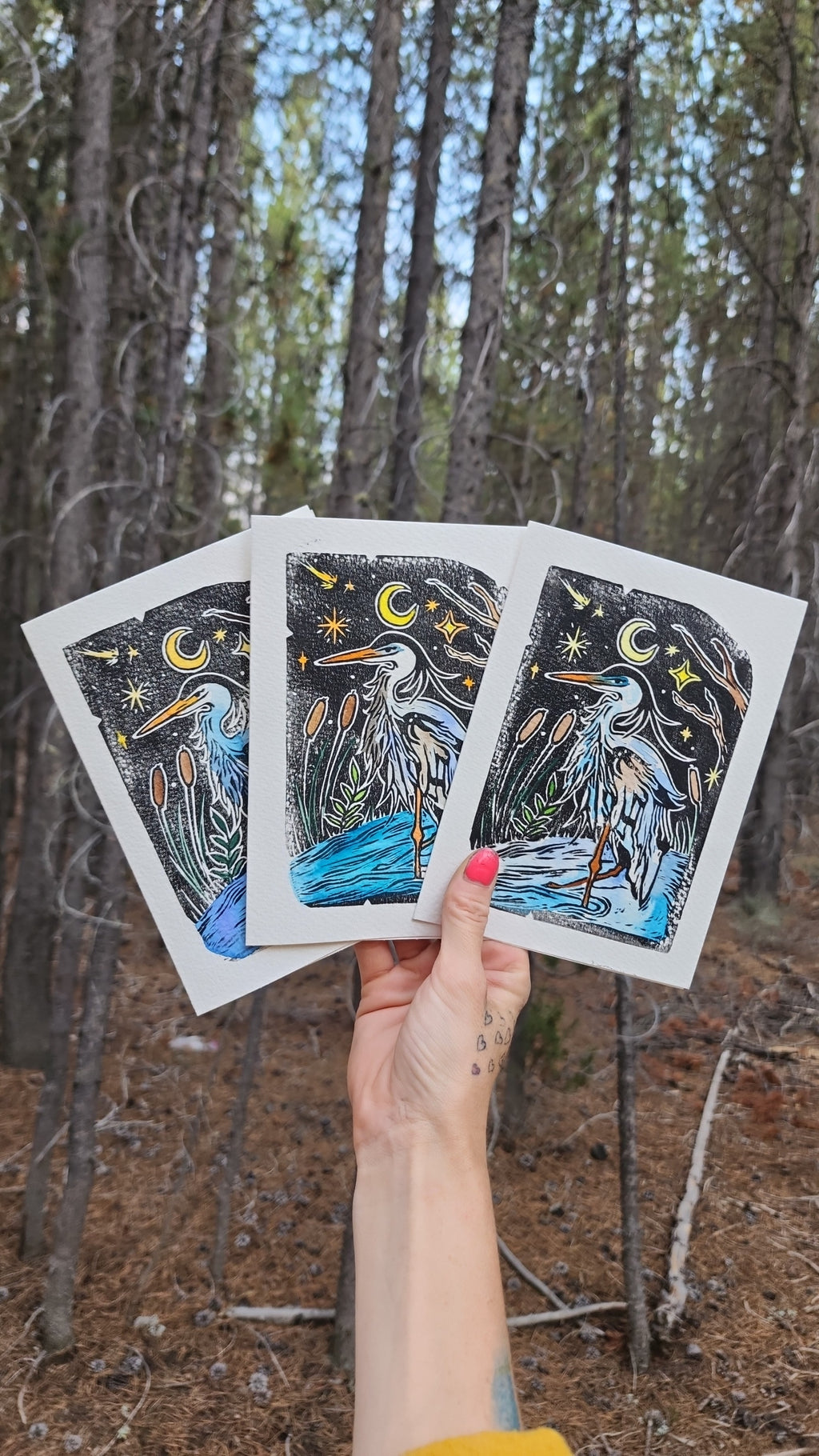 Lino Print Frameable Artist Notecard (5X7) With Envelope (Crescent Heron Design)