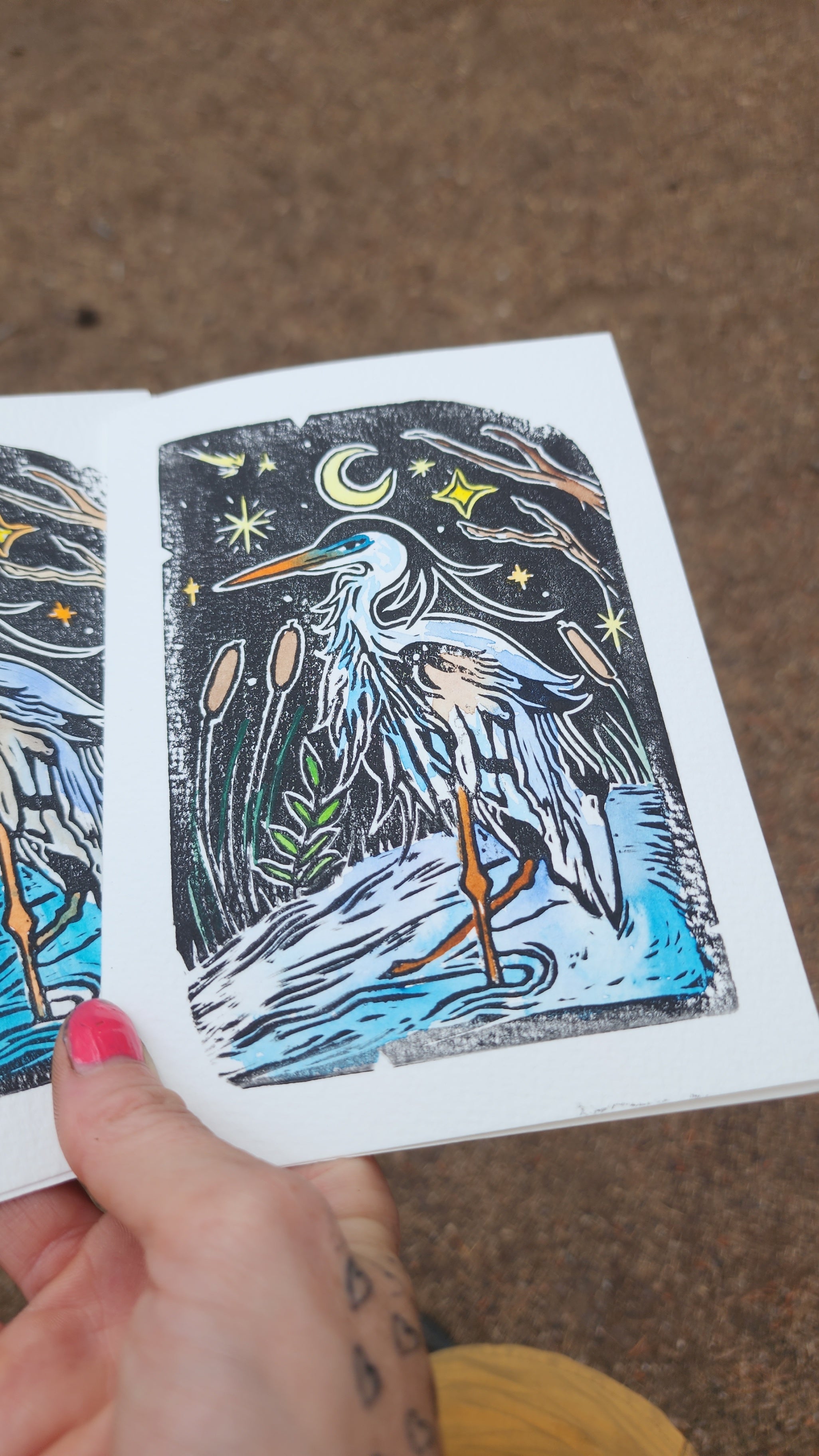 Lino Print Frameable Artist Notecard (5X7) With Envelope (Crescent Heron Design)