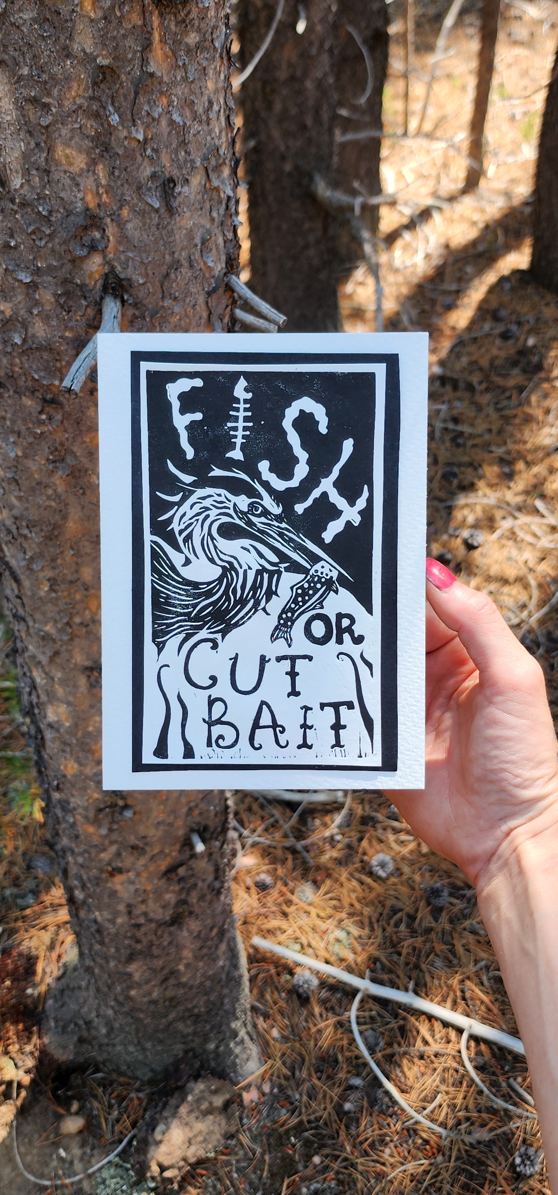Lino Print Frameable Artist Notecard - (5X7) with Envelope-  FOCB Design- BLANK INSIDE