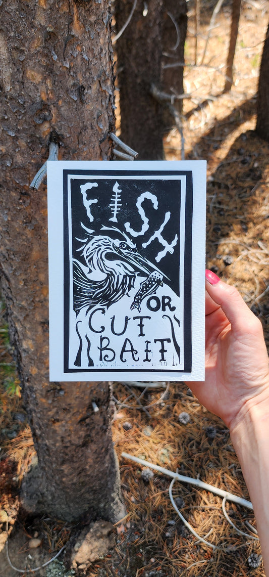 Lino Print Frameable Artist Notecard - (5X7) with Envelope-  FOCB Design- BLANK INSIDE